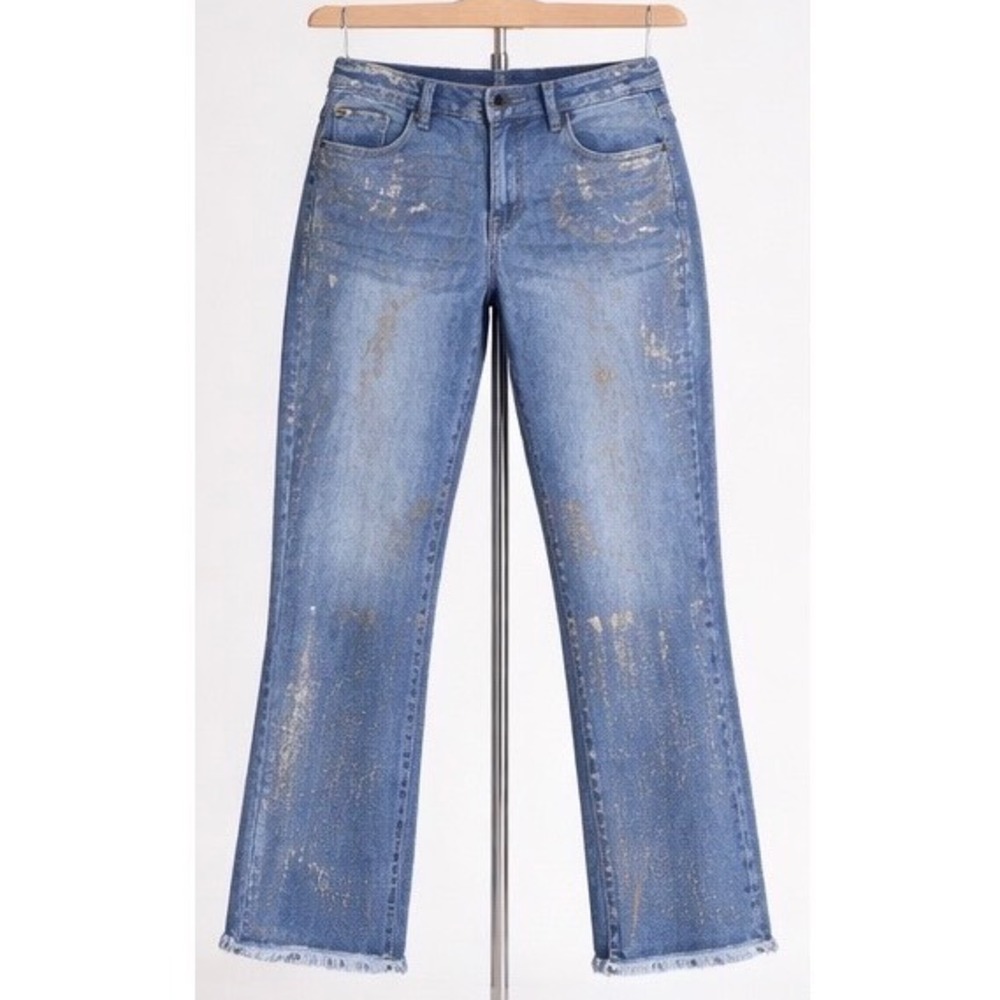 New York & Co Soho Jeans 8 Blue Gold Foil Metallic Boyfriend Raw Hem Denim Glam